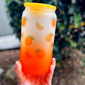 Fruits Frosted Glass Can With Acrylic and Bamboo Lid 16 Oz Glass Cup